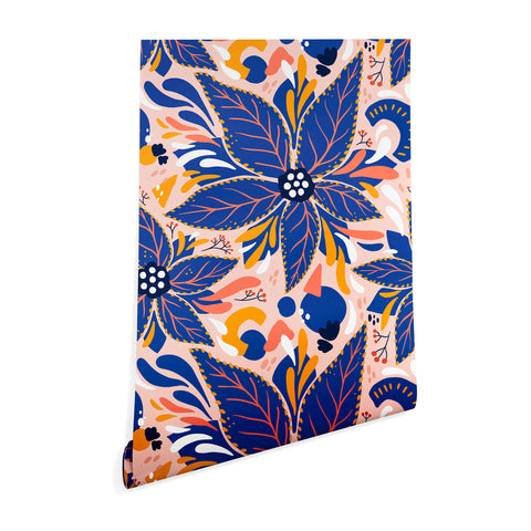 Avenie Abstract Floral Pink and Blue Wallpaper