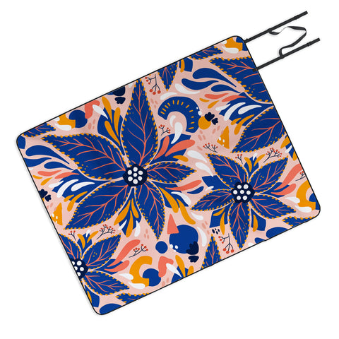 Avenie Abstract Floral Pink and Blue Picnic Blanket