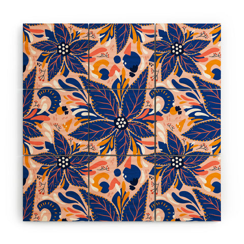 Avenie Abstract Floral Pink and Blue Wood Wall Mural