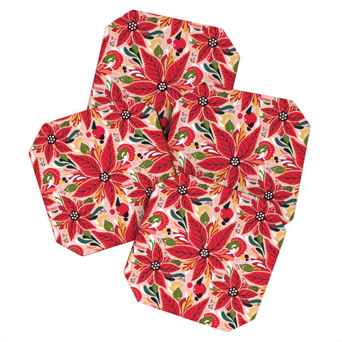 Avenie Abstract Floral Poinsettia Red Coaster Set