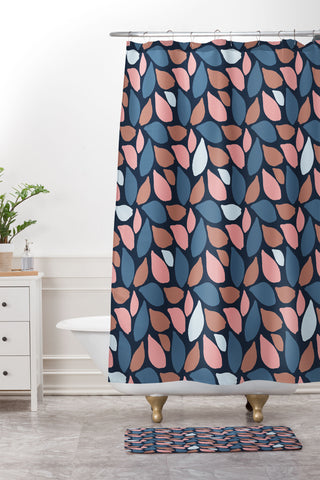 Avenie Abstract Leaves Navy Shower Curtain And Mat