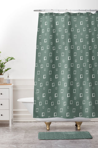 Avenie Abstract Squares Green Shower Curtain And Mat