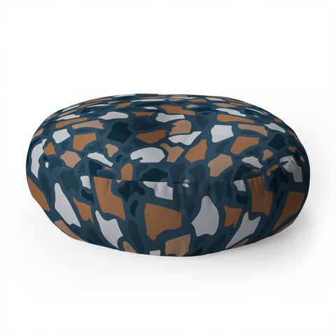 Avenie Abstract Terrazzo Dark Blue Floor Pillow Round
