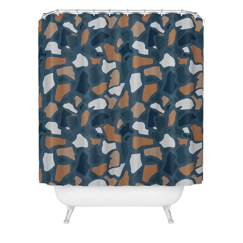 Avenie Abstract Terrazzo Dark Blue Shower Curtain