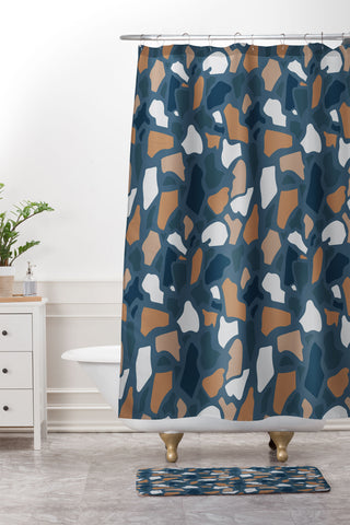 Avenie Abstract Terrazzo Dark Blue Shower Curtain And Mat