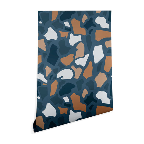 Avenie Abstract Terrazzo Dark Blue Wallpaper