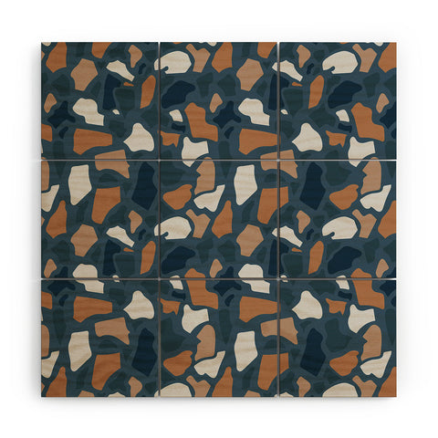 Avenie Abstract Terrazzo Dark Blue Wood Wall Mural