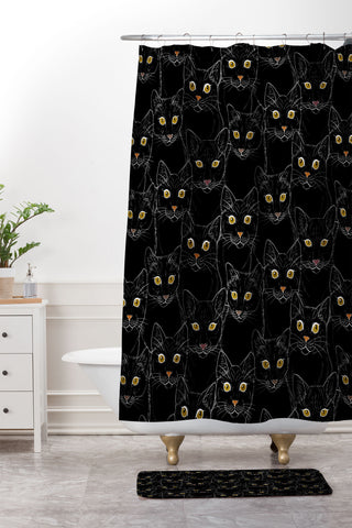 Avenie Black Cat Portraits Shower Curtain And Mat