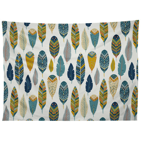 Avenie Boho Feathers Orange and Teal Tapestry