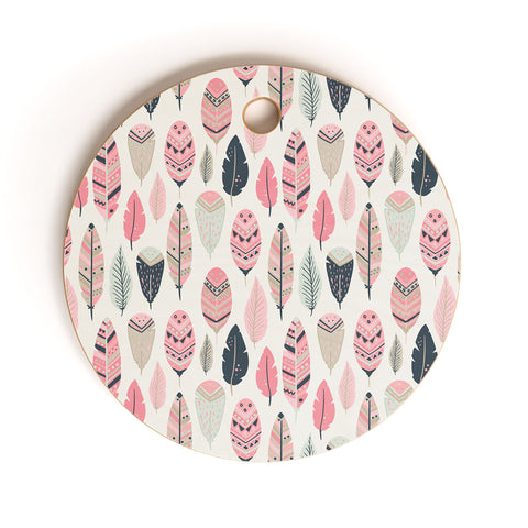 Avenie Boho Feathers Pink and Navy Cutting Board Round