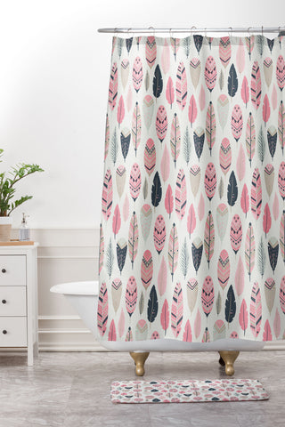 Avenie Boho Feathers Pink and Navy Shower Curtain And Mat