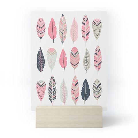 Avenie Boho Feathers Pink and Navy Mini Art Print