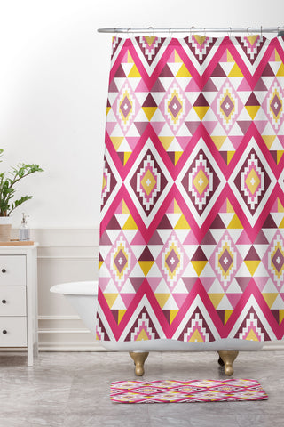 Avenie Boho Gem Pink and Yellow Shower Curtain And Mat