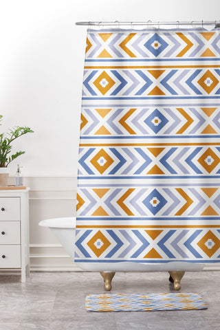 Avenie Boho Horizon Blue and Orange Shower Curtain And Mat