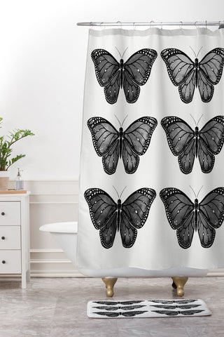 Avenie Butterfly Collection Black Shower Curtain And Mat