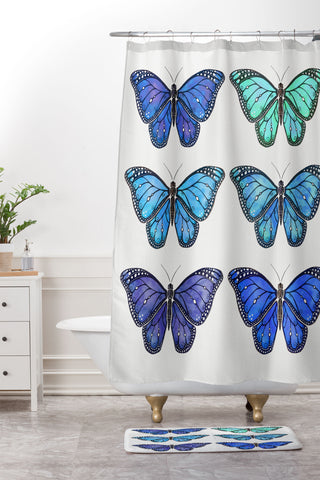 Avenie Butterfly Collection Blue Shower Curtain And Mat