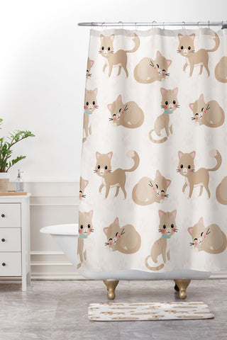 Avenie Cat Pattern Beige Shower Curtain And Mat