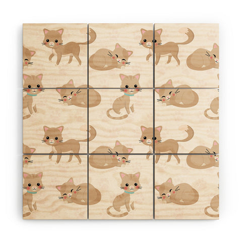 Avenie Cat Pattern Beige Wood Wall Mural