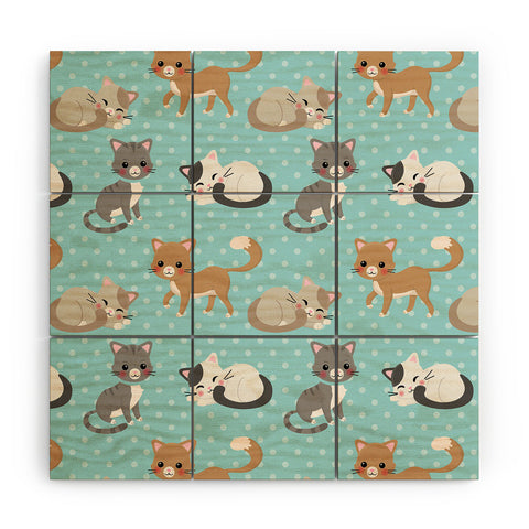 Avenie Cat Pattern Blue Wood Wall Mural