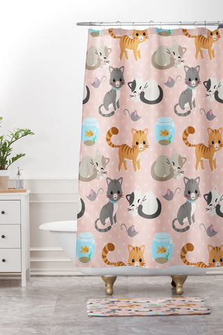 Avenie Cat Pattern Pink Shower Curtain And Mat