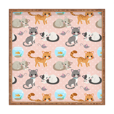 Avenie Cat Pattern Pink Square Tray