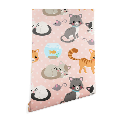 Avenie Cat Pattern Pink Wallpaper