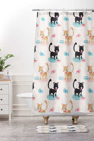Avenie Cat Pattern With Food Bowl Shower Curtain And Mat