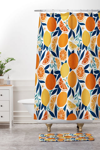Avenie Citrus Fruits Blue Shower Curtain And Mat