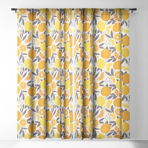 Avenie Citrus Fruits Yellow and Grey Sheer Window Curtain