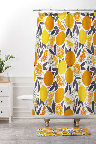 Avenie Citrus Fruits Yellow and Grey Shower Curtain And Mat