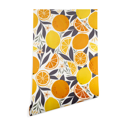 Avenie Citrus Fruits Yellow and Grey Wallpaper