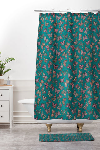 Avenie Countryside Butterflies Teal Shower Curtain And Mat
