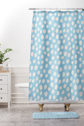 Avenie Dots Pattern Blue Shower Curtain And Mat