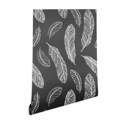 Avenie Floating Feathers Dark Gray Wallpaper