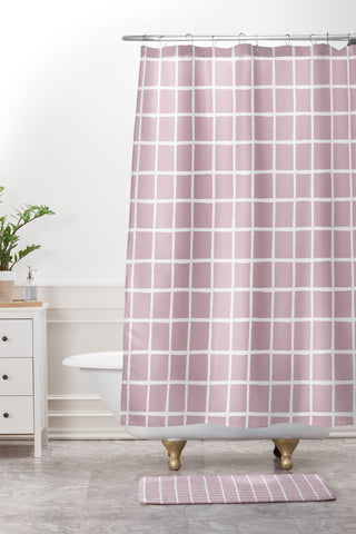 Avenie Grid Pattern Pink Flare Shower Curtain And Mat