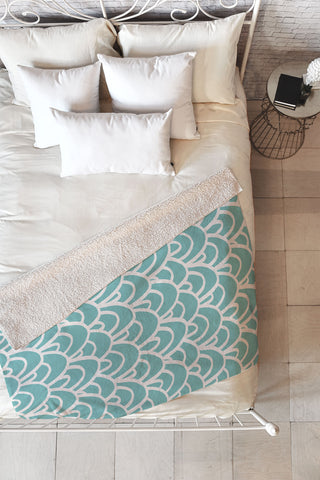 Avenie Hand Drawn Wave Teal Fleece Throw Blanket