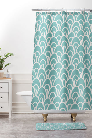 Avenie Hand Drawn Wave Teal Shower Curtain And Mat