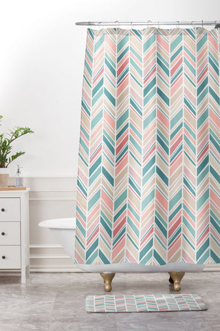 Avenie Herringbone Teal and Pink Shower Curtain And Mat