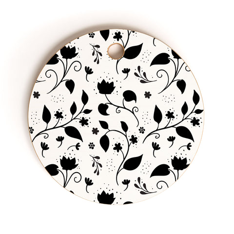 Avenie Ink Floral Black And White Cutting Board Round