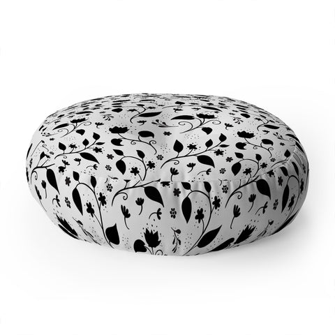 Avenie Ink Floral Black And White Floor Pillow Round