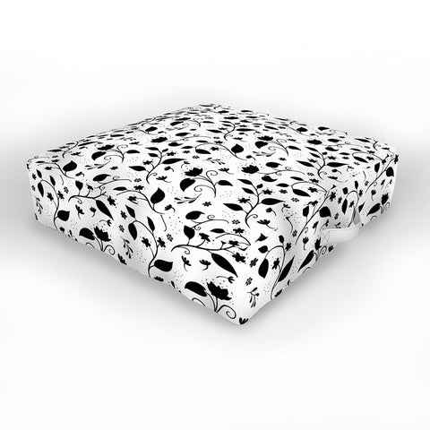 Avenie Ink Floral Black And White Outdoor Floor Cushion