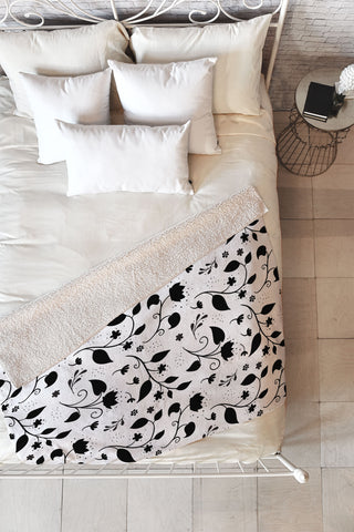 Avenie Ink Floral Black And White Fleece Throw Blanket
