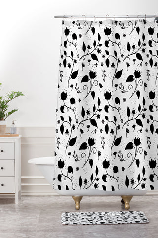 Avenie Ink Floral Black And White Shower Curtain And Mat