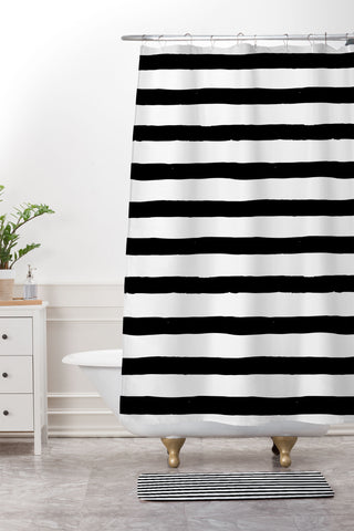 Avenie Ink Stripes Black and White Shower Curtain And Mat