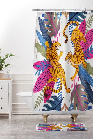 Avenie Jungle Cats Blue Shower Curtain And Mat