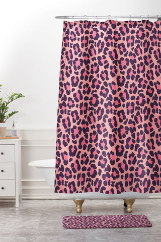Avenie Leopard Print Coral Pink Shower Curtain And Mat