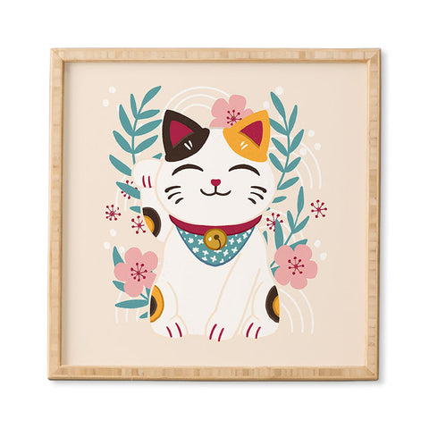 Avenie Lucky Cat and Cherry Blossoms Framed Wall Art