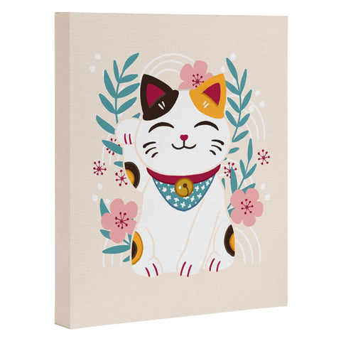 Avenie Lucky Cat and Cherry Blossoms Art Canvas