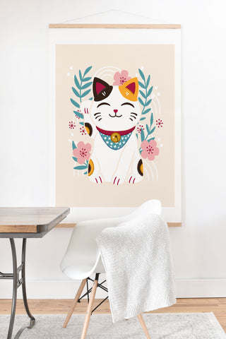 Avenie Lucky Cat and Cherry Blossoms Art Print And Hanger
