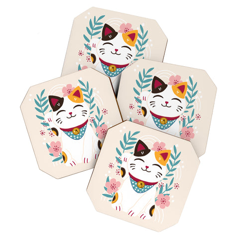 Avenie Lucky Cat and Cherry Blossoms Coaster Set